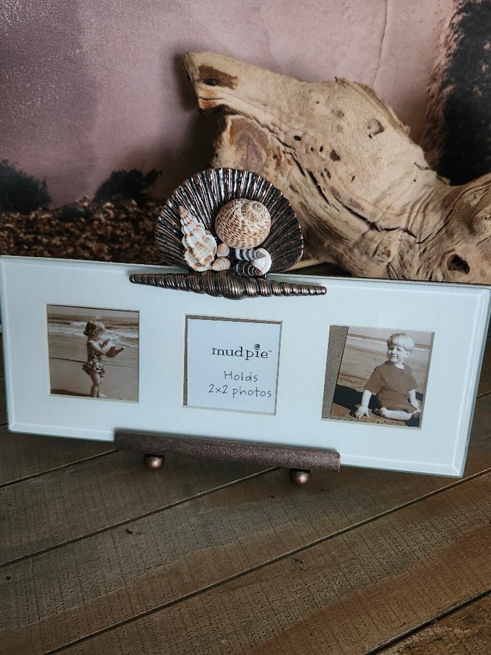 MUD PIE Bronze Seashell Coastal Nautical Glass Triple Window Picture Frame NWT